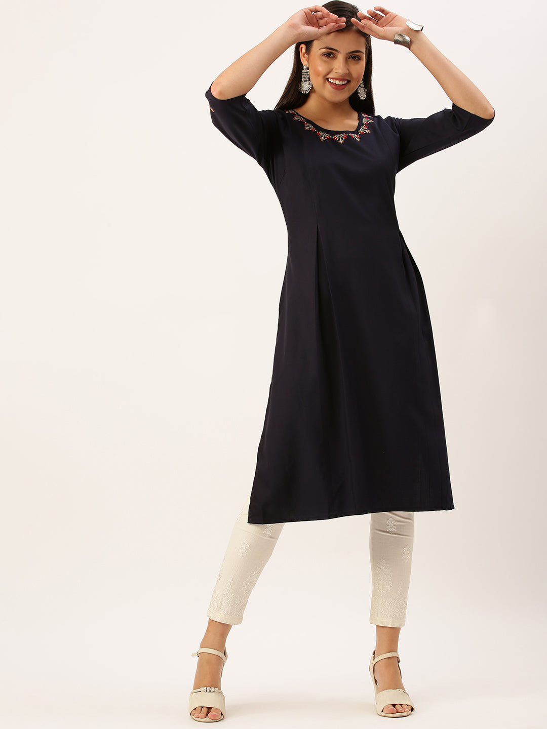 Women Embroidered Navy Blue Straight Kurta