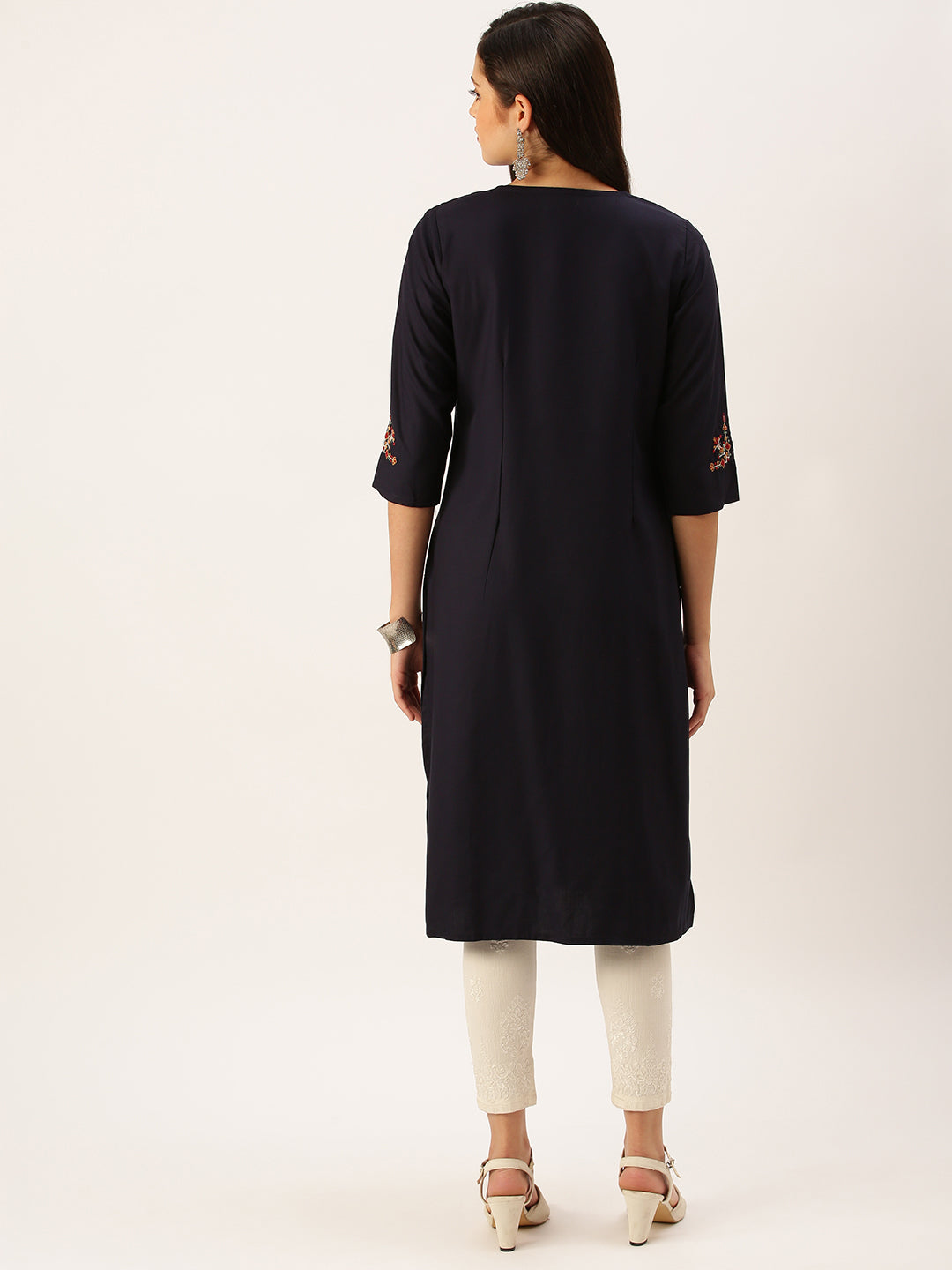 Women Embroidered Navy Blue Straight Kurta