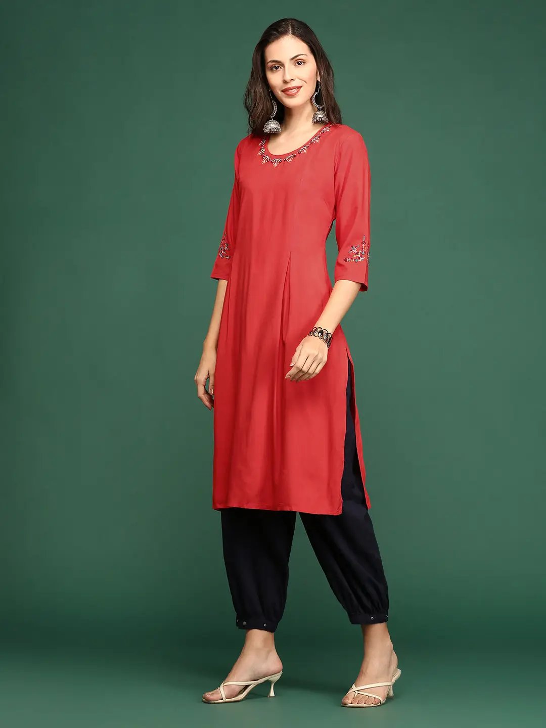 Women's Embroidered Red Straight Kurta - from SHOWOFFFF