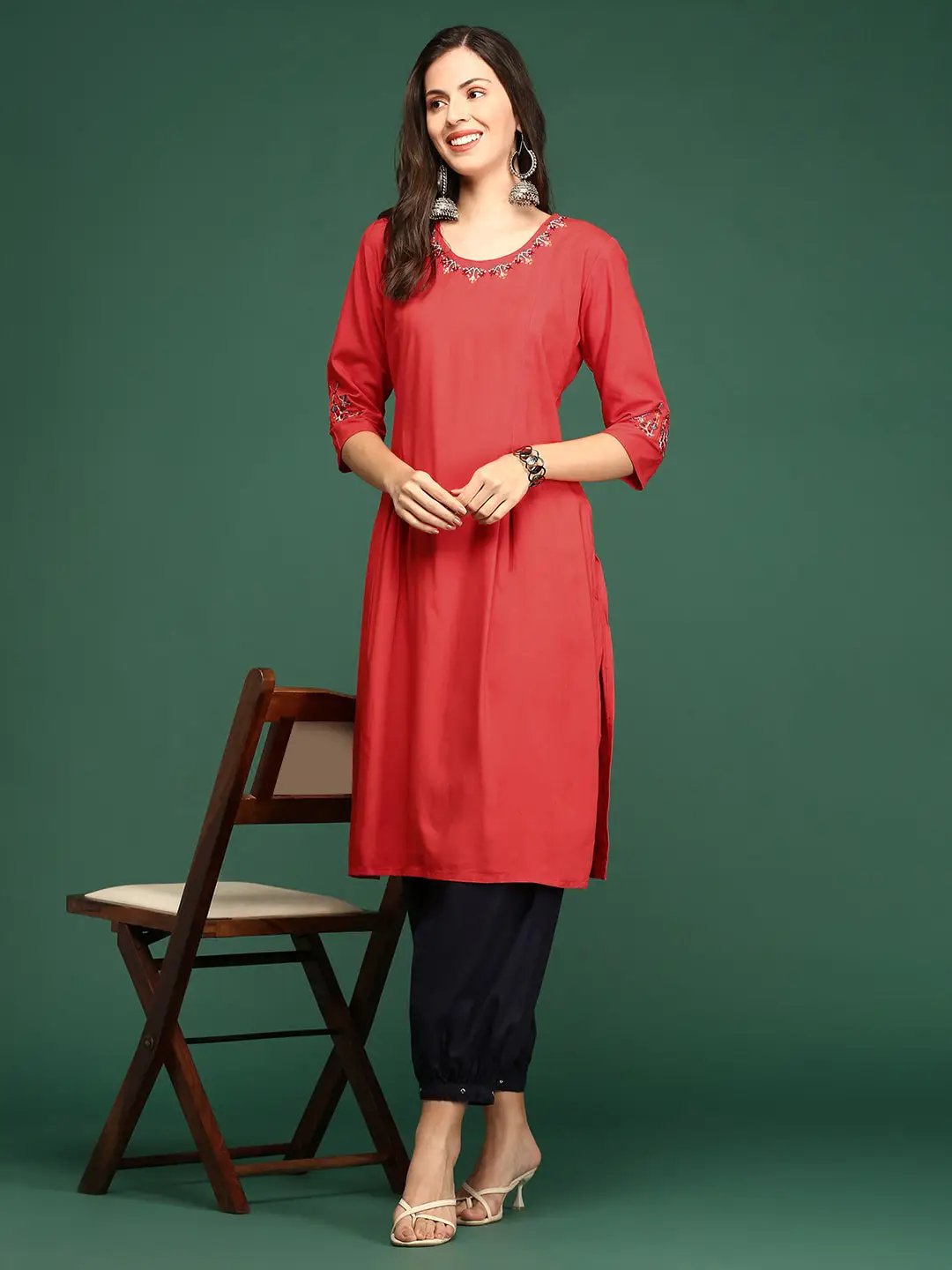 Women's Embroidered Red Straight Kurta - from SHOWOFFFF