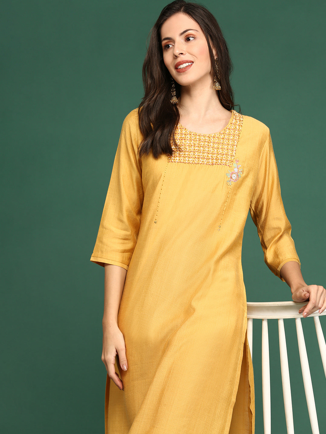 Women's Mustard Solid Straight Kurta