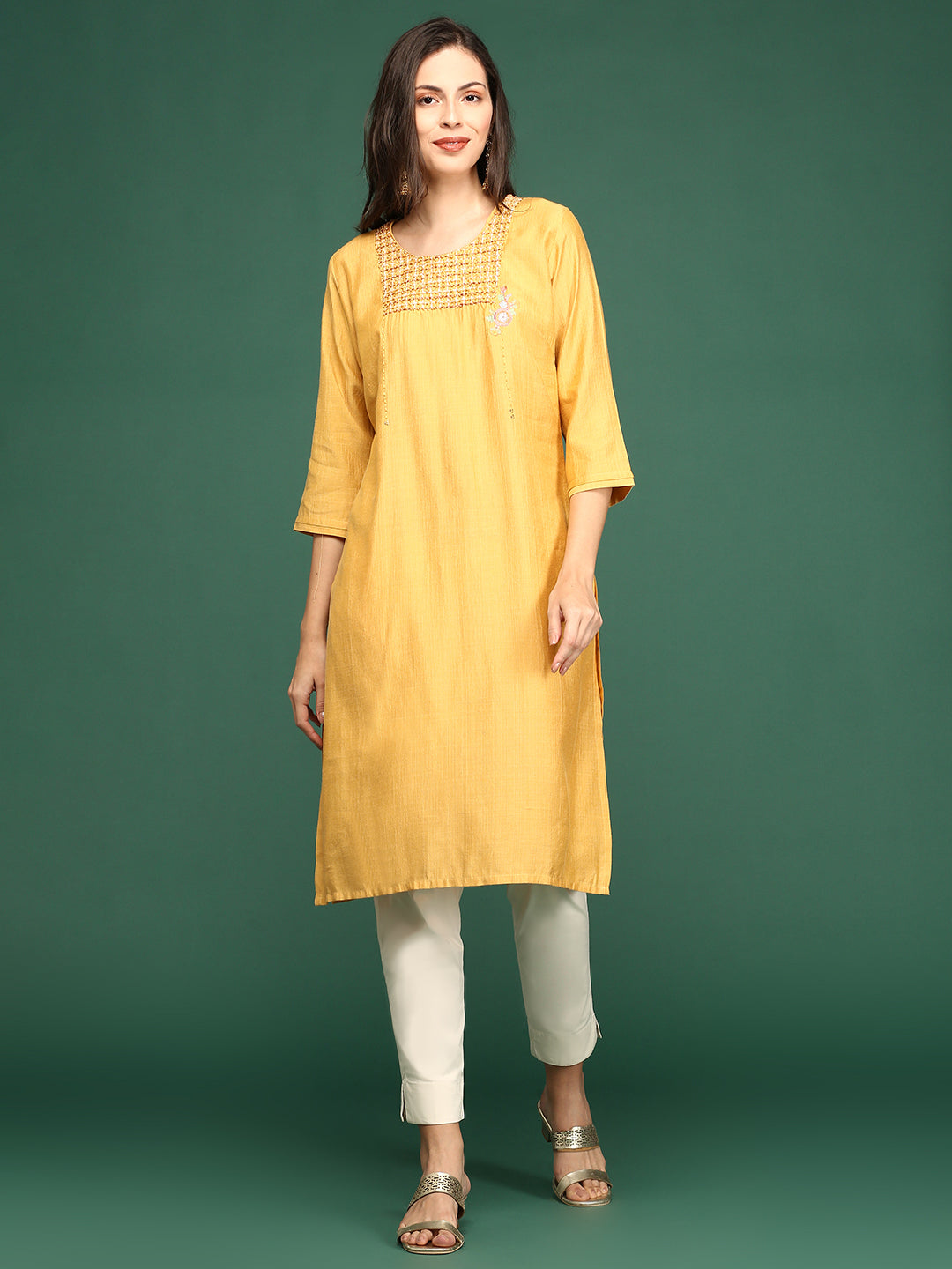 Women's Mustard Solid Straight Kurta