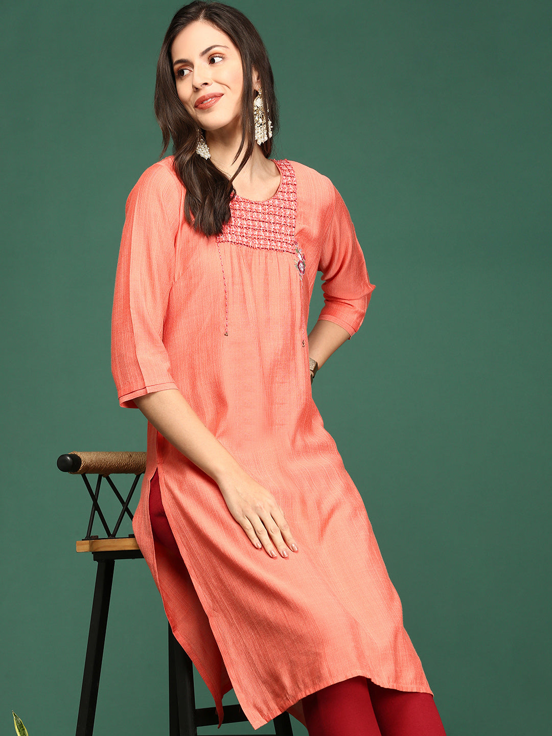 Women's Orange Solid Straight Kurta