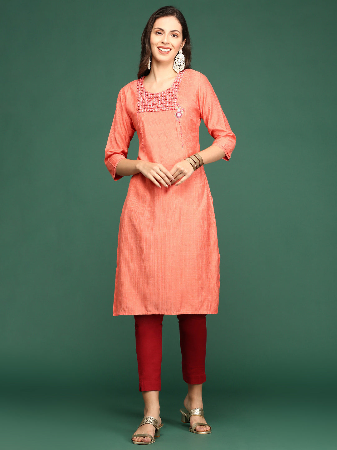 Women's Orange Solid Straight Kurta