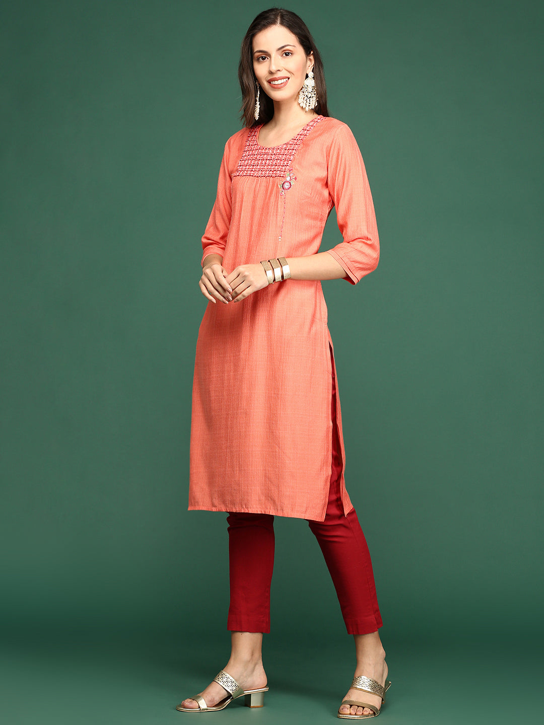 Women's Orange Solid Straight Kurta