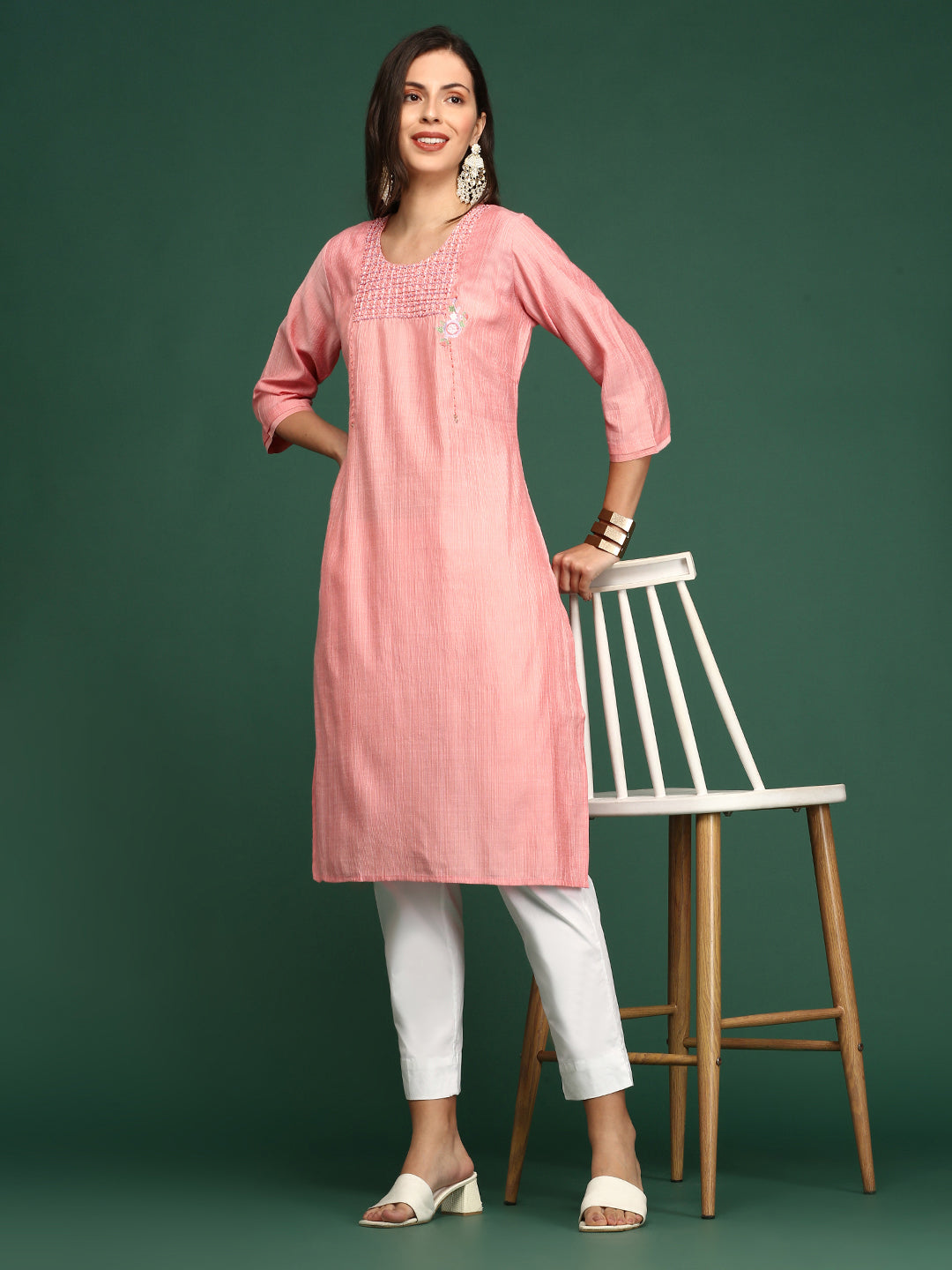 Women's Peach Solid Straight Kurta