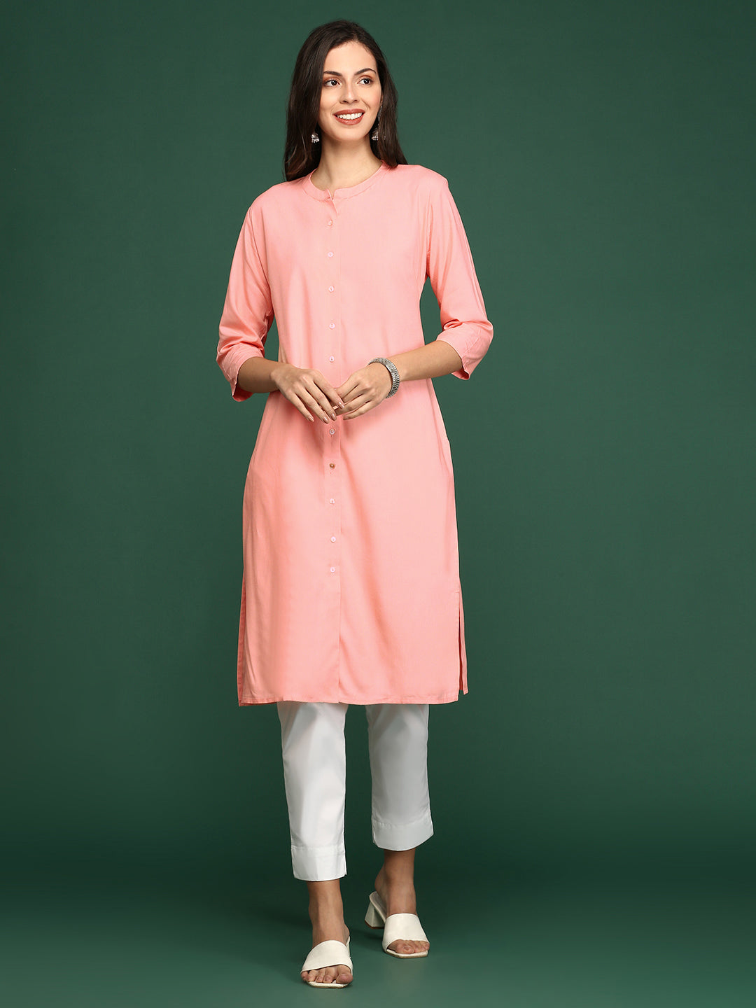 Women's Peach Solid Straight Kurta