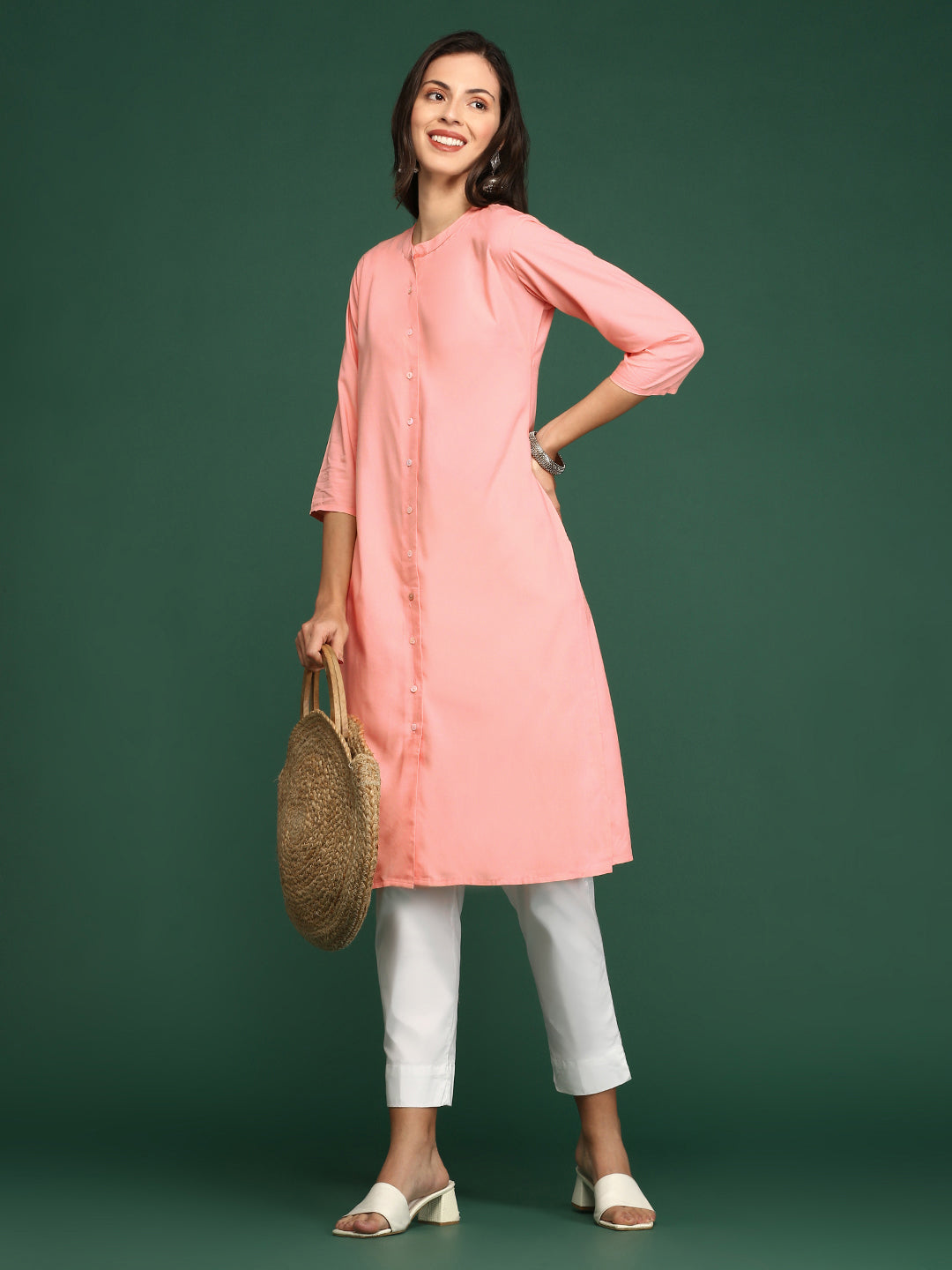 Women's Peach Solid Straight Kurta