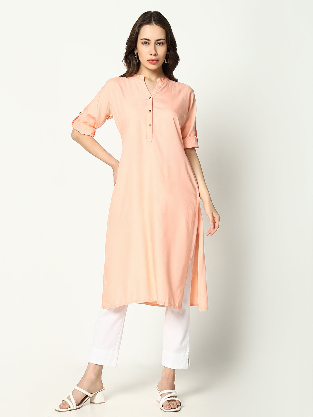 Women Peach Solid Straight Kurta