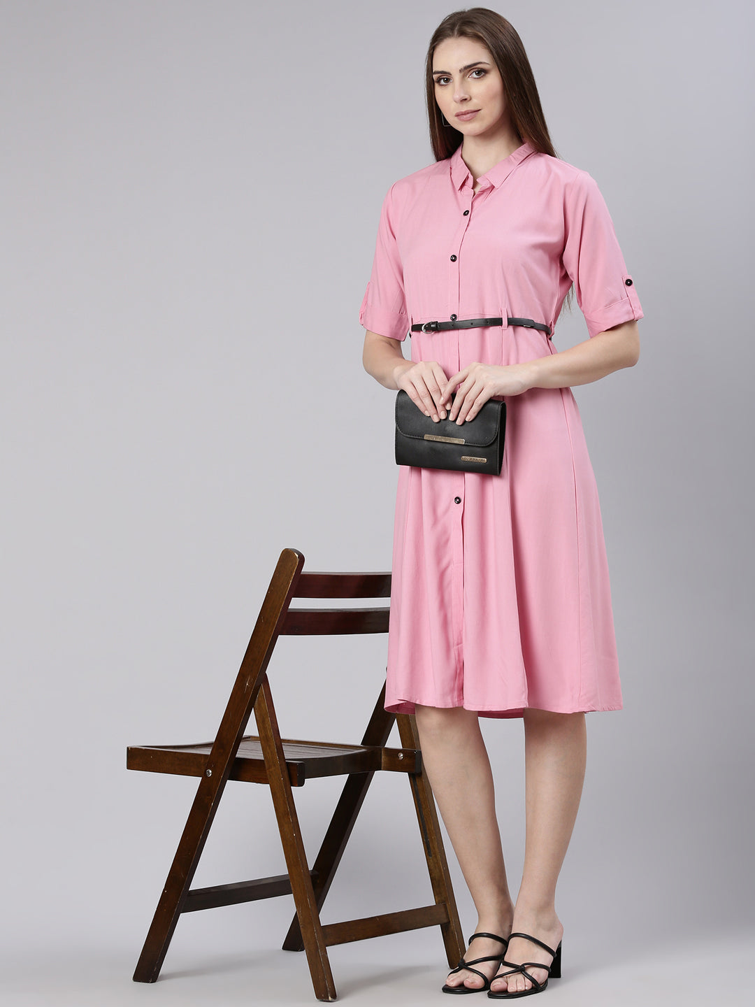 Women Pink Solid Shirt Dress