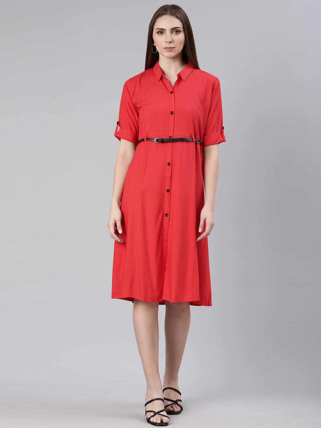 Women Red Solid Shirt Dress