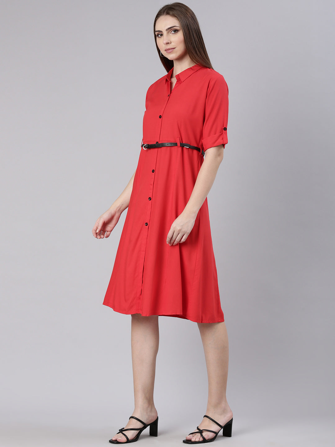 Women Red Solid Shirt Dress