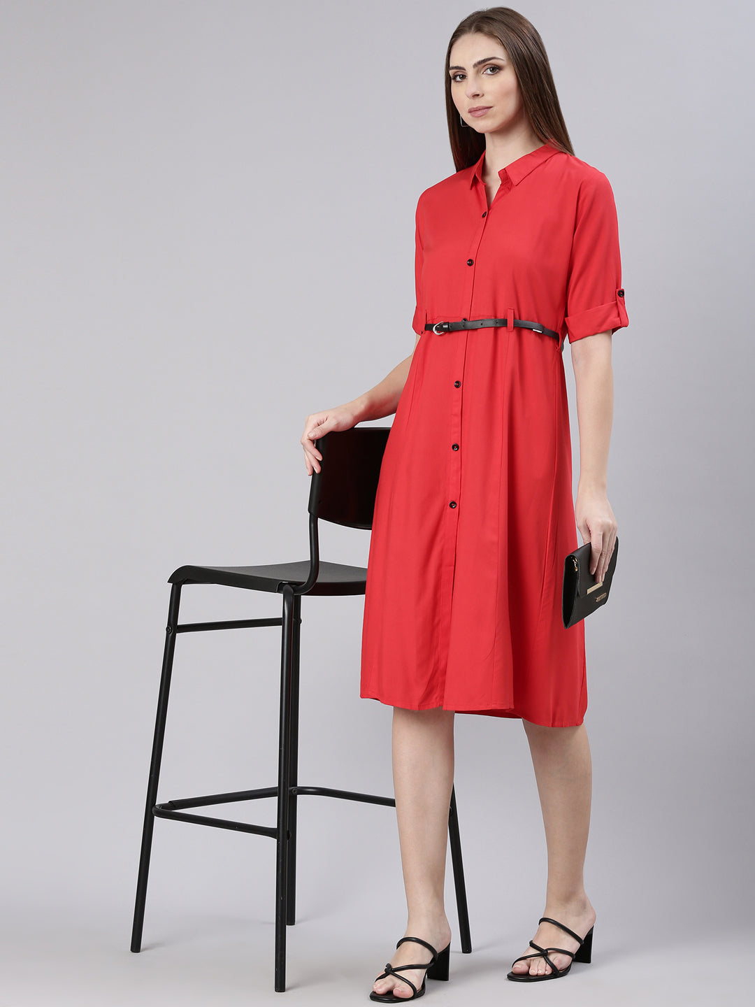 Women Red Solid Shirt Dress