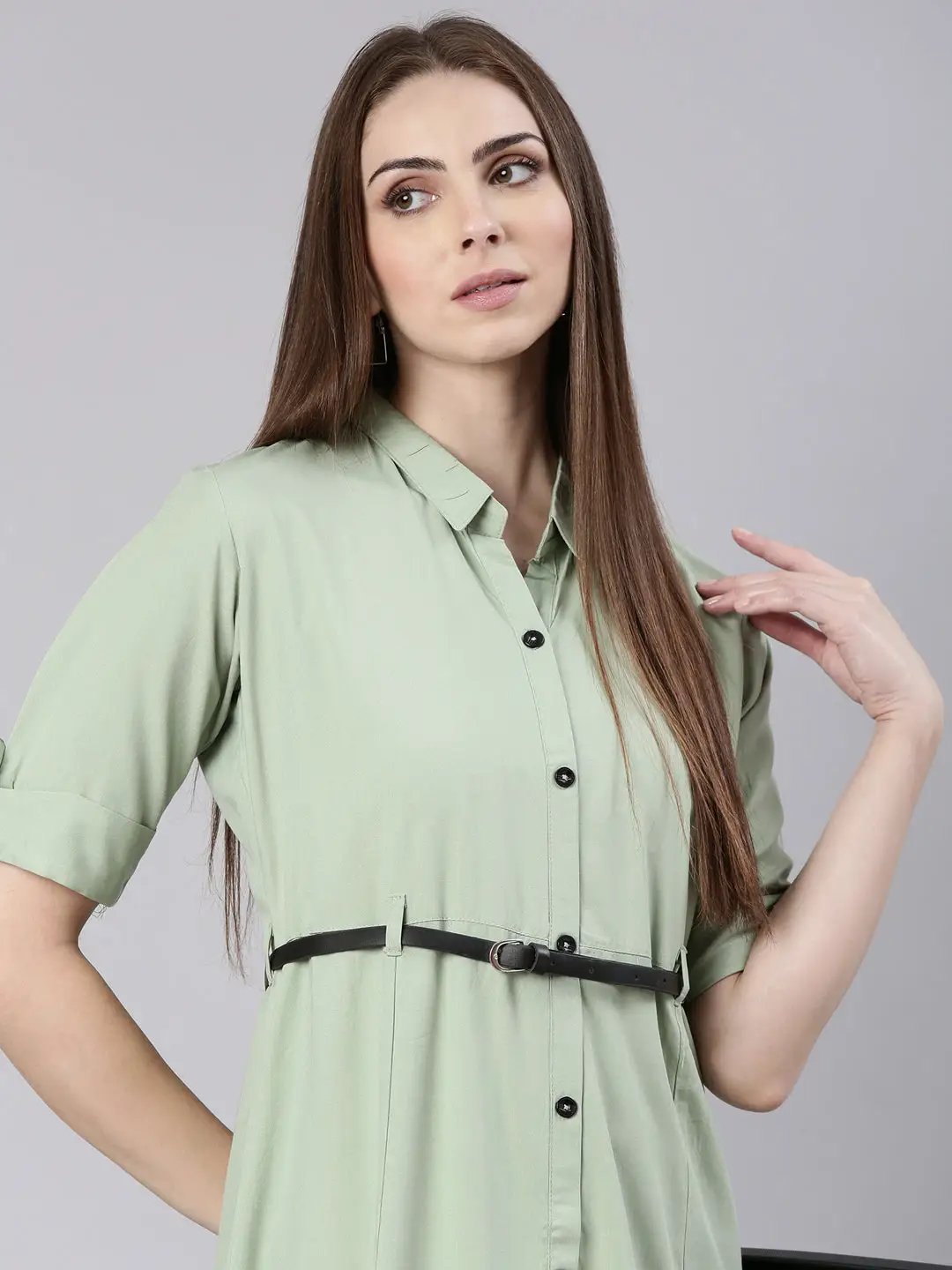 Women's Sea Green Solid Shirt Dress