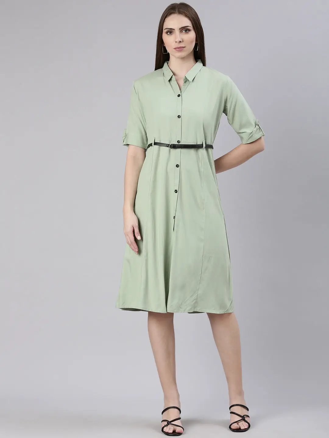 Women's Sea Green Solid Shirt Dress