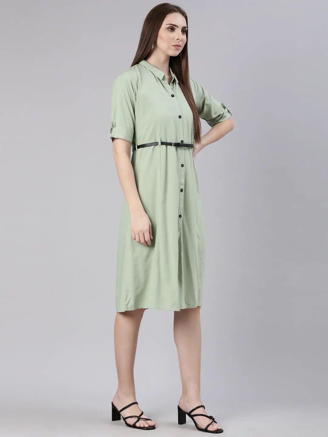 Women's Sea Green Solid Shirt Dress