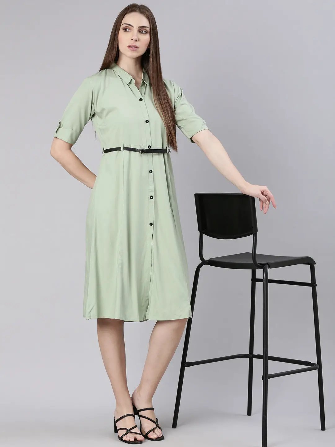 Women's Sea Green Solid Shirt Dress