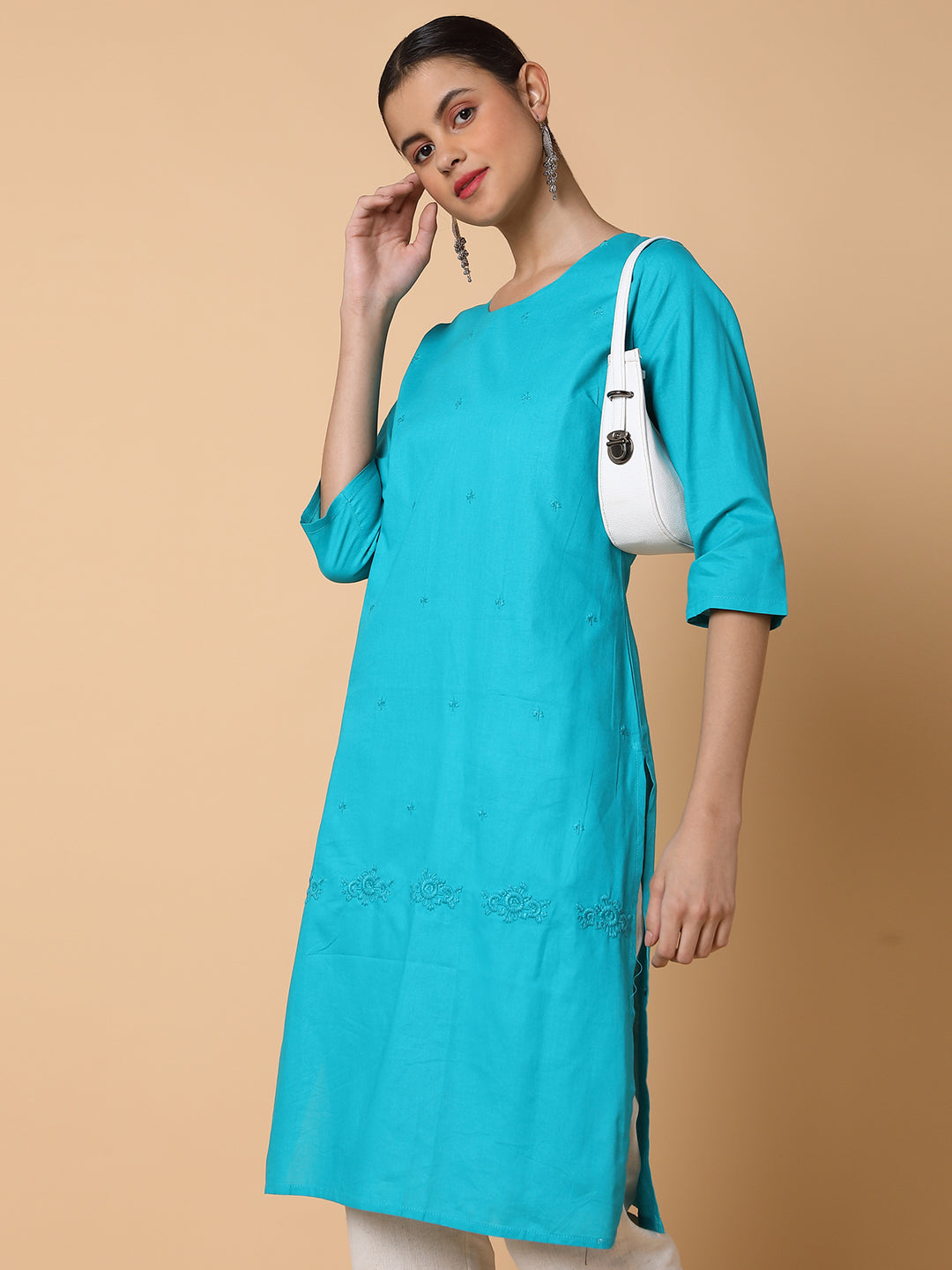 Women Straight Turquoise Blue Solid Kurta