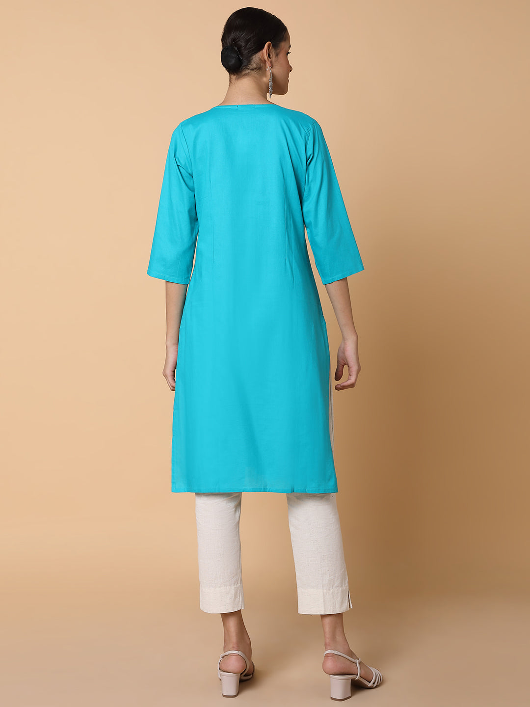 Women Straight Turquoise Blue Solid Kurta