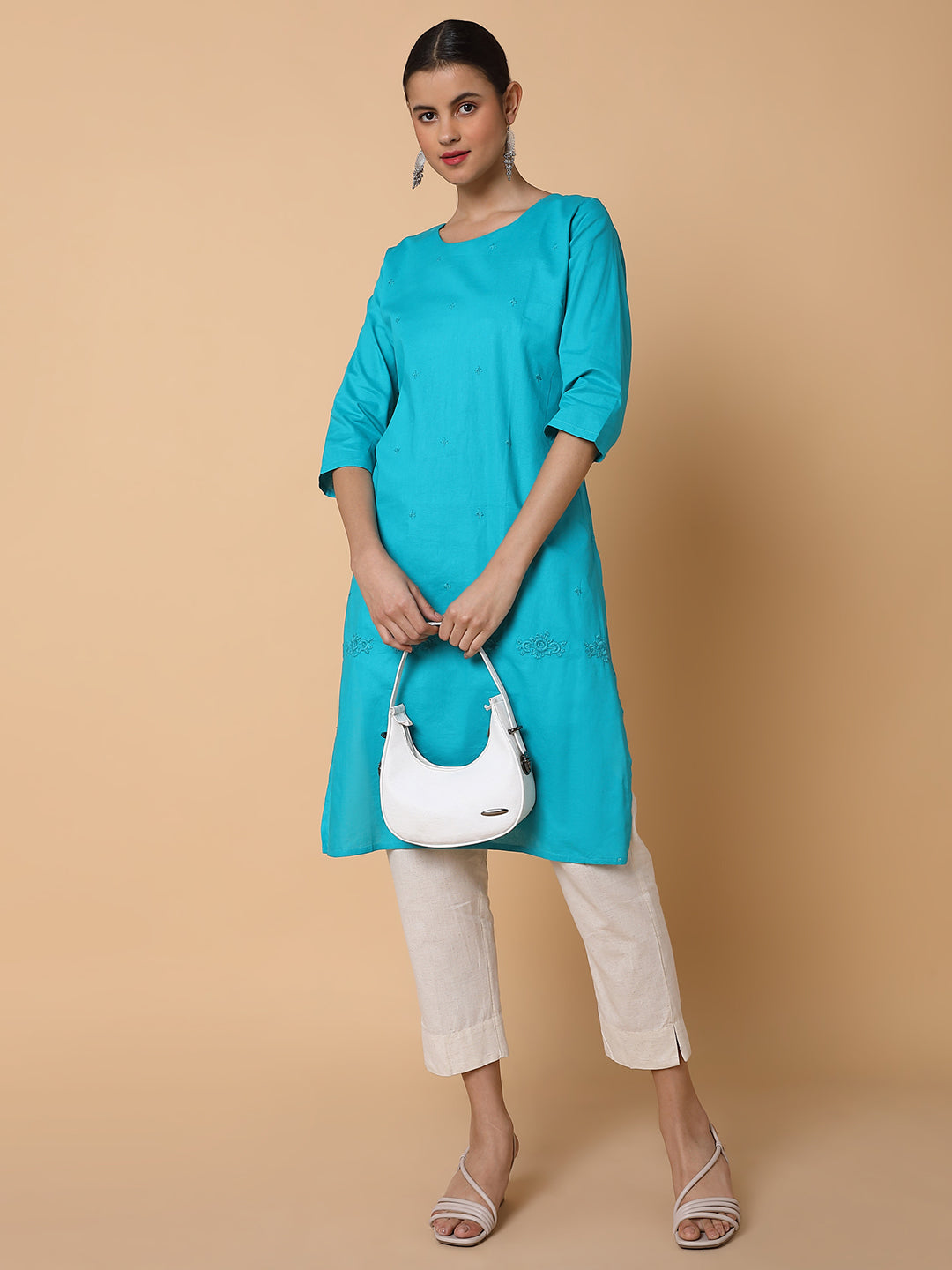 Women Straight Turquoise Blue Solid Kurta