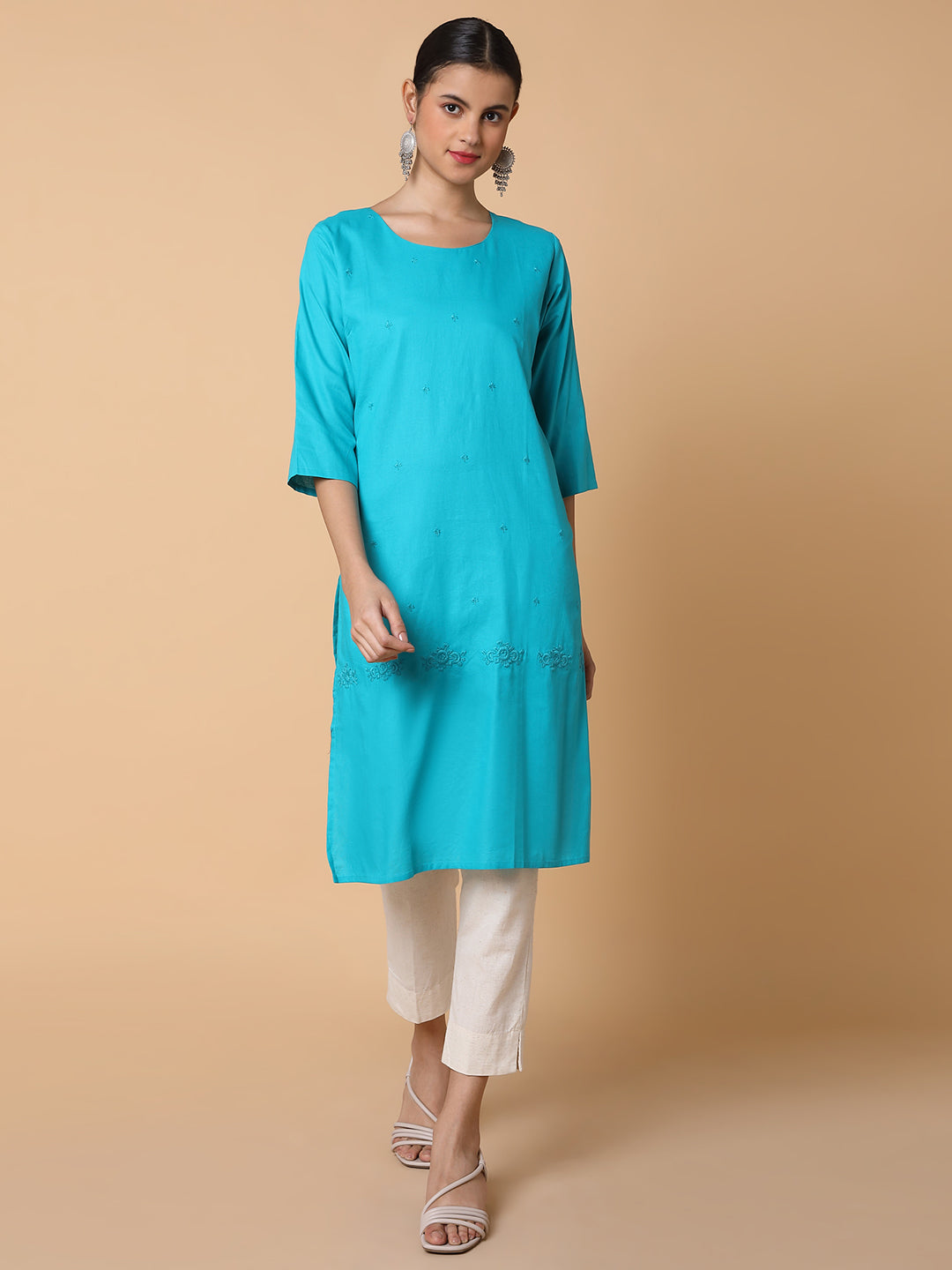 Women Straight Turquoise Blue Solid Kurta