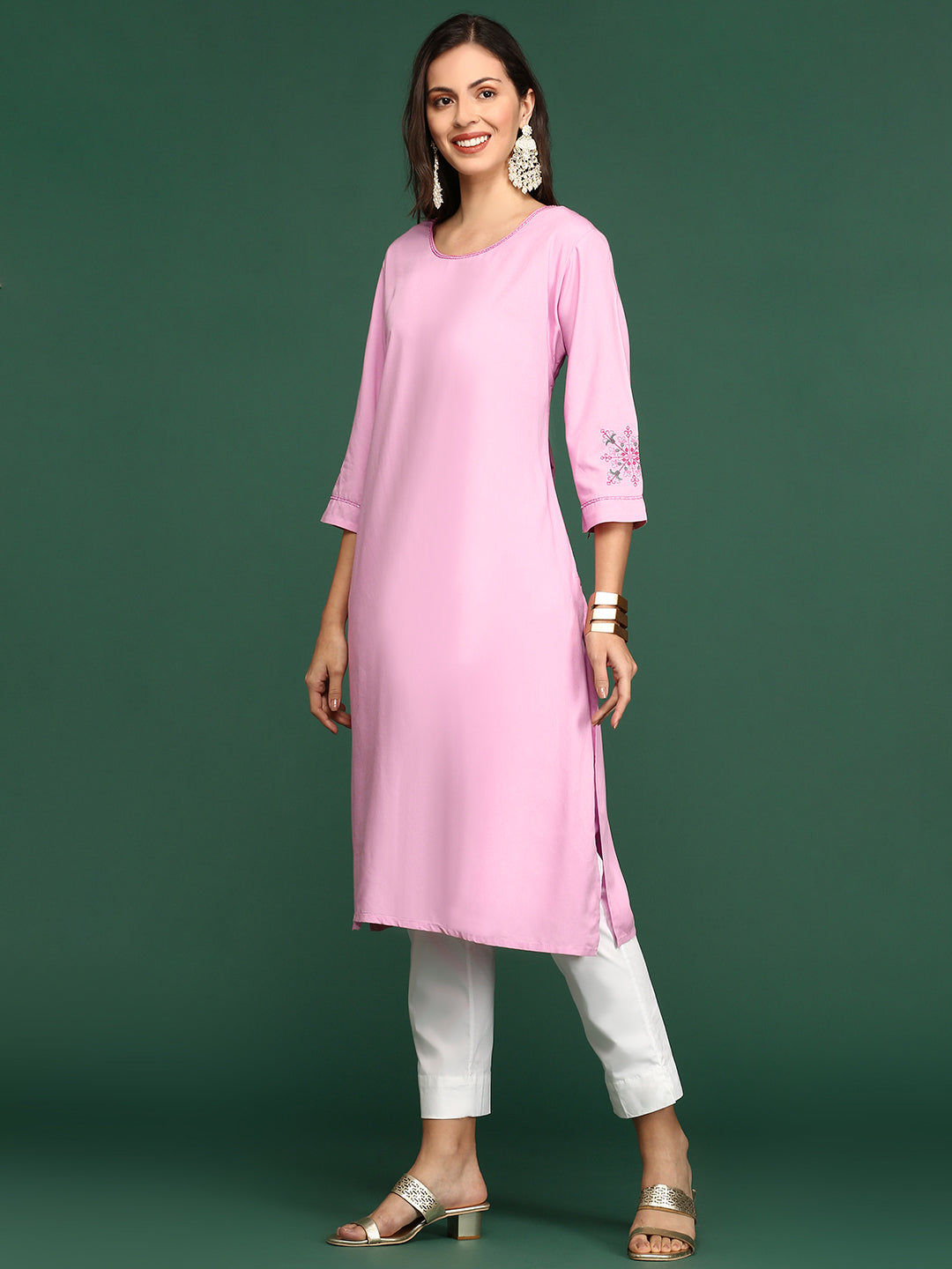 Women Pink Solid Straight Kurta