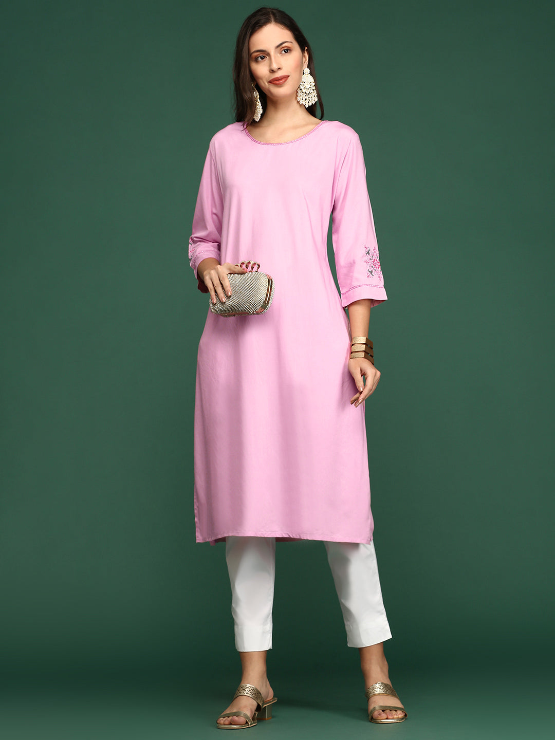 Women Pink Solid Straight Kurta