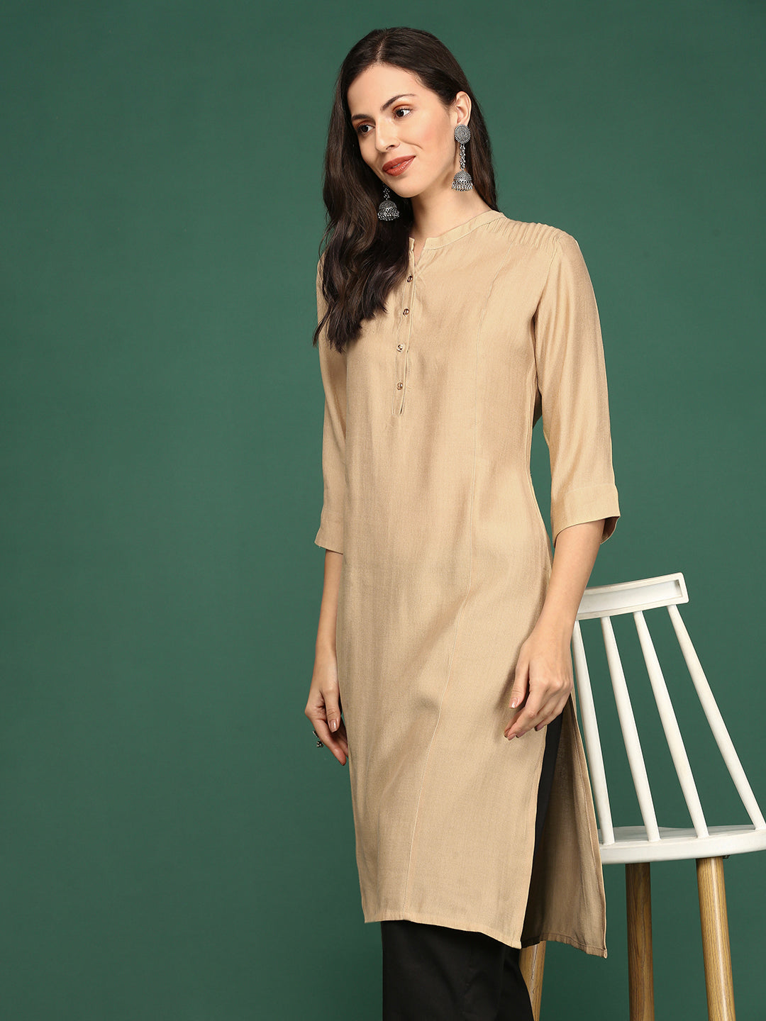 Women Beige Solid Straight Kurta