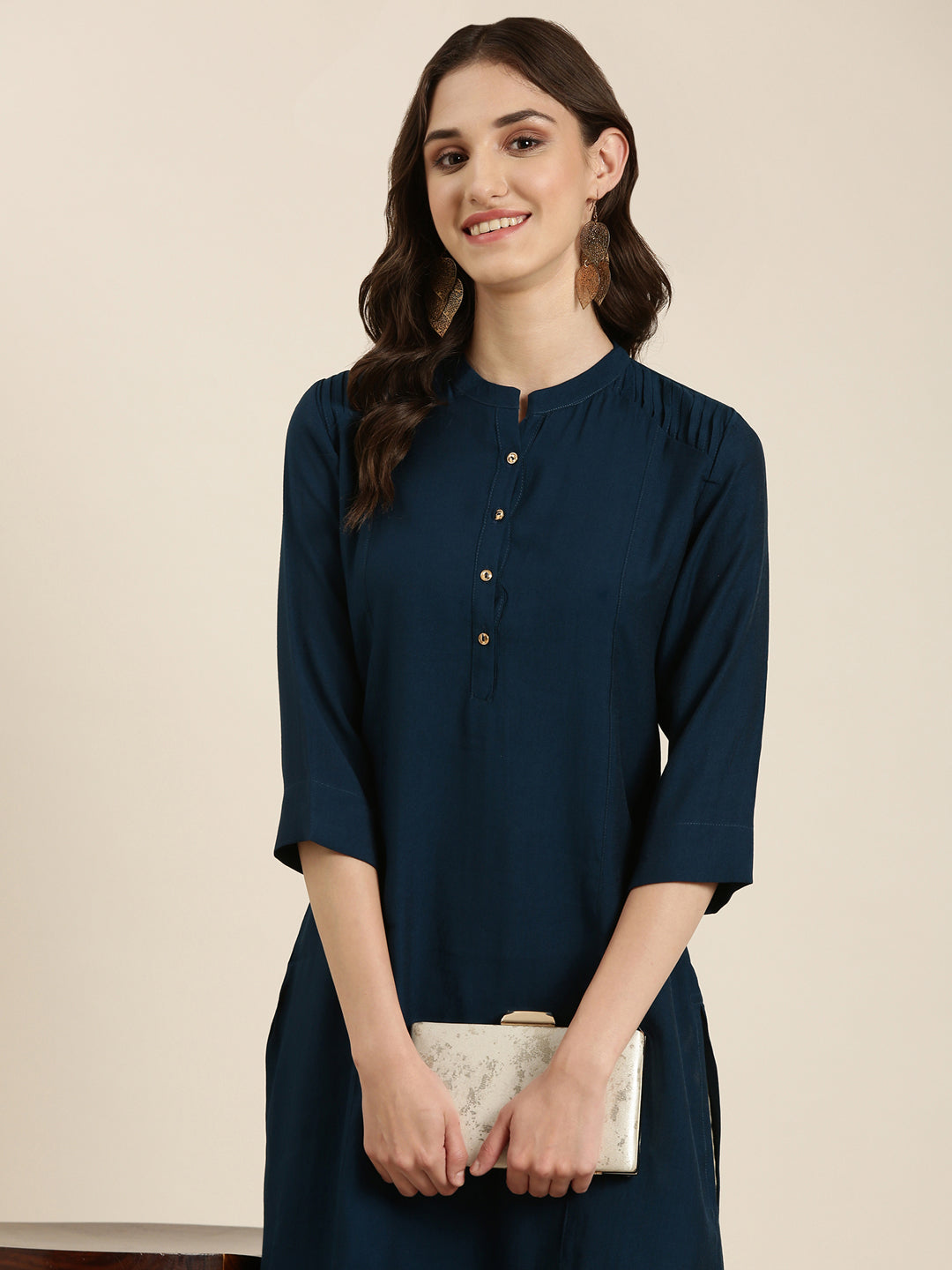 Women Mandarin Collar Solid Teal Straight Kurta