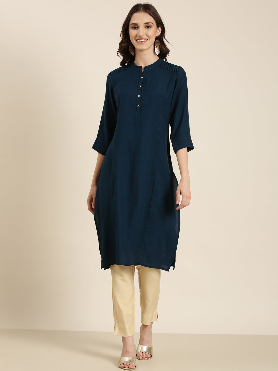 Women Mandarin Collar Solid Teal Straight Kurta