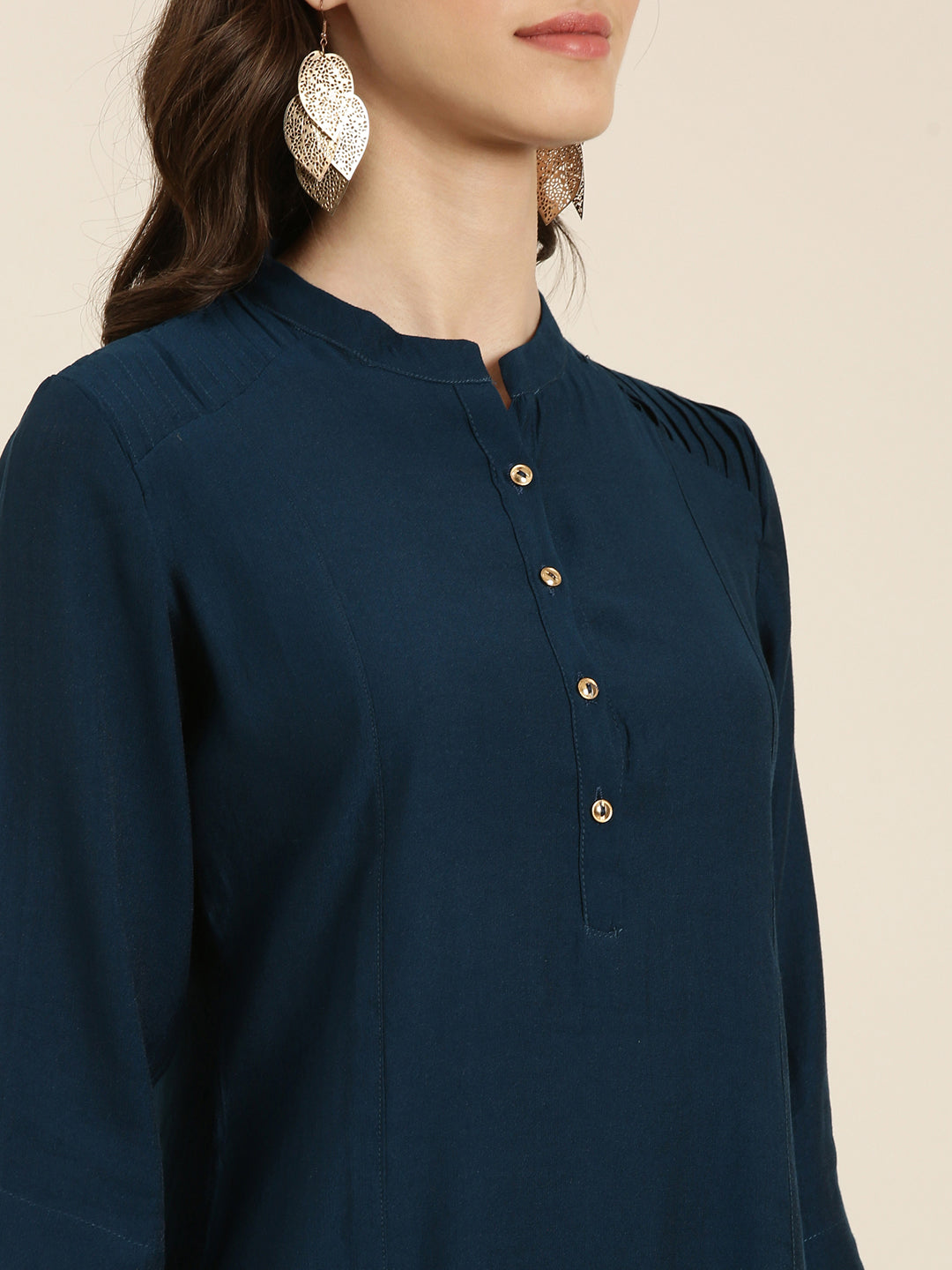 Women Mandarin Collar Solid Teal Straight Kurta