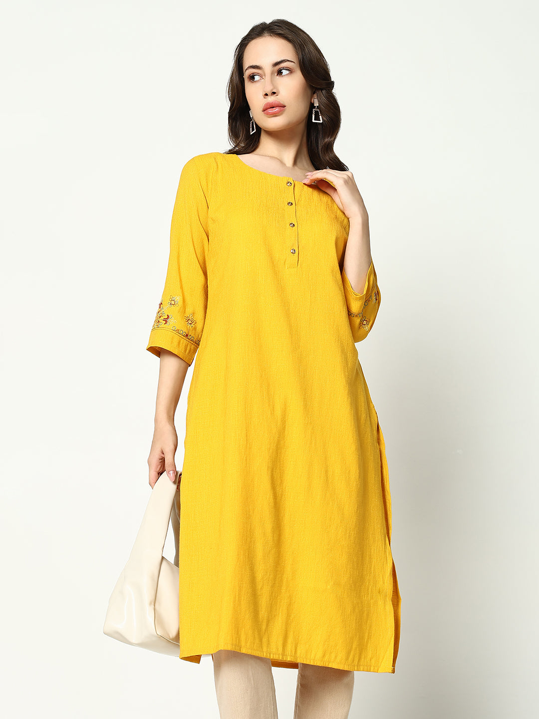 Women Yellow Solid Straight Kurta