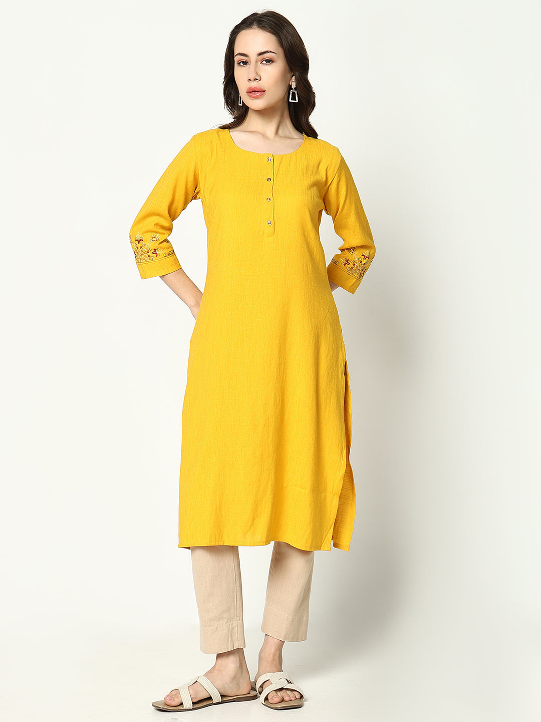 Women Yellow Solid Straight Kurta