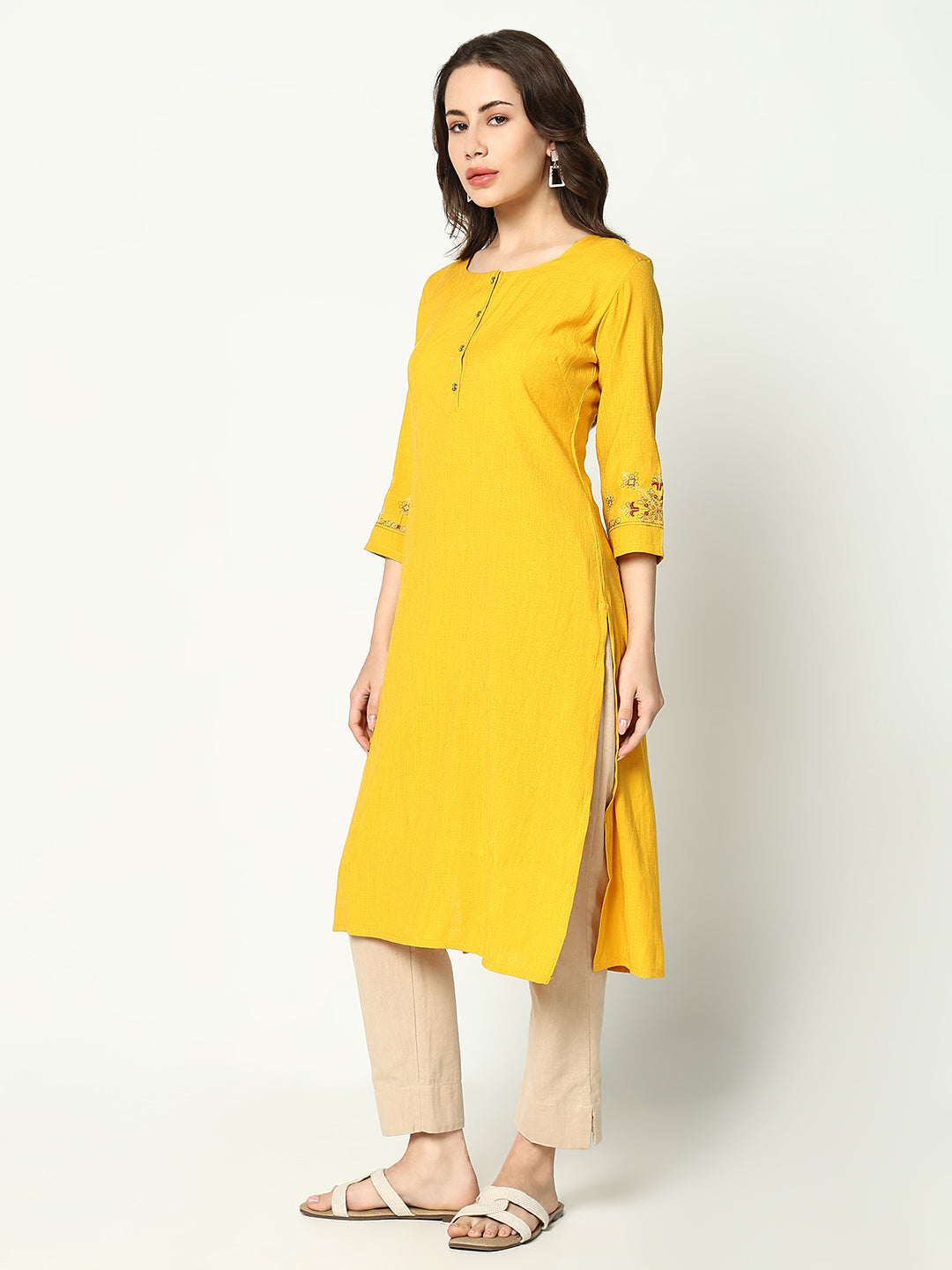 Women Yellow Solid Straight Kurta