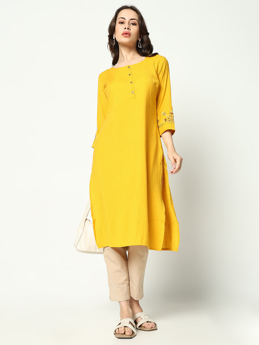 Women Yellow Solid Straight Kurta