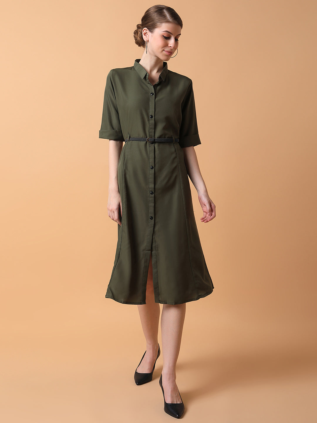 Women Solid Olive Midi A-Line Dress with Belt