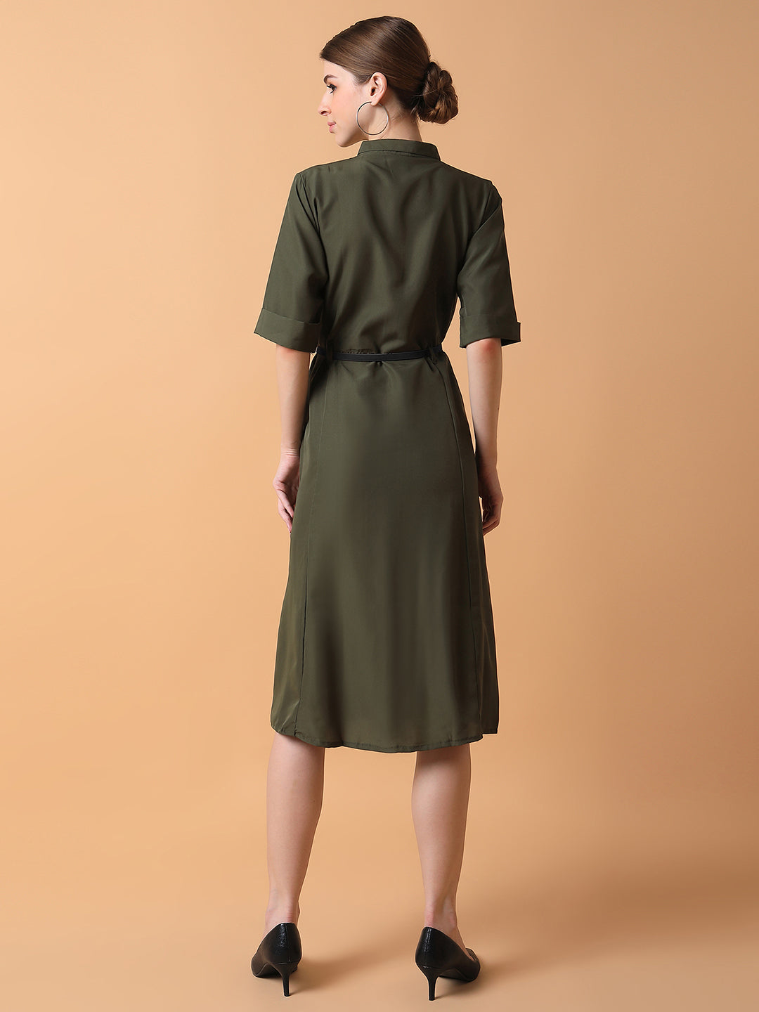 Women Solid Olive Midi A-Line Dress with Belt