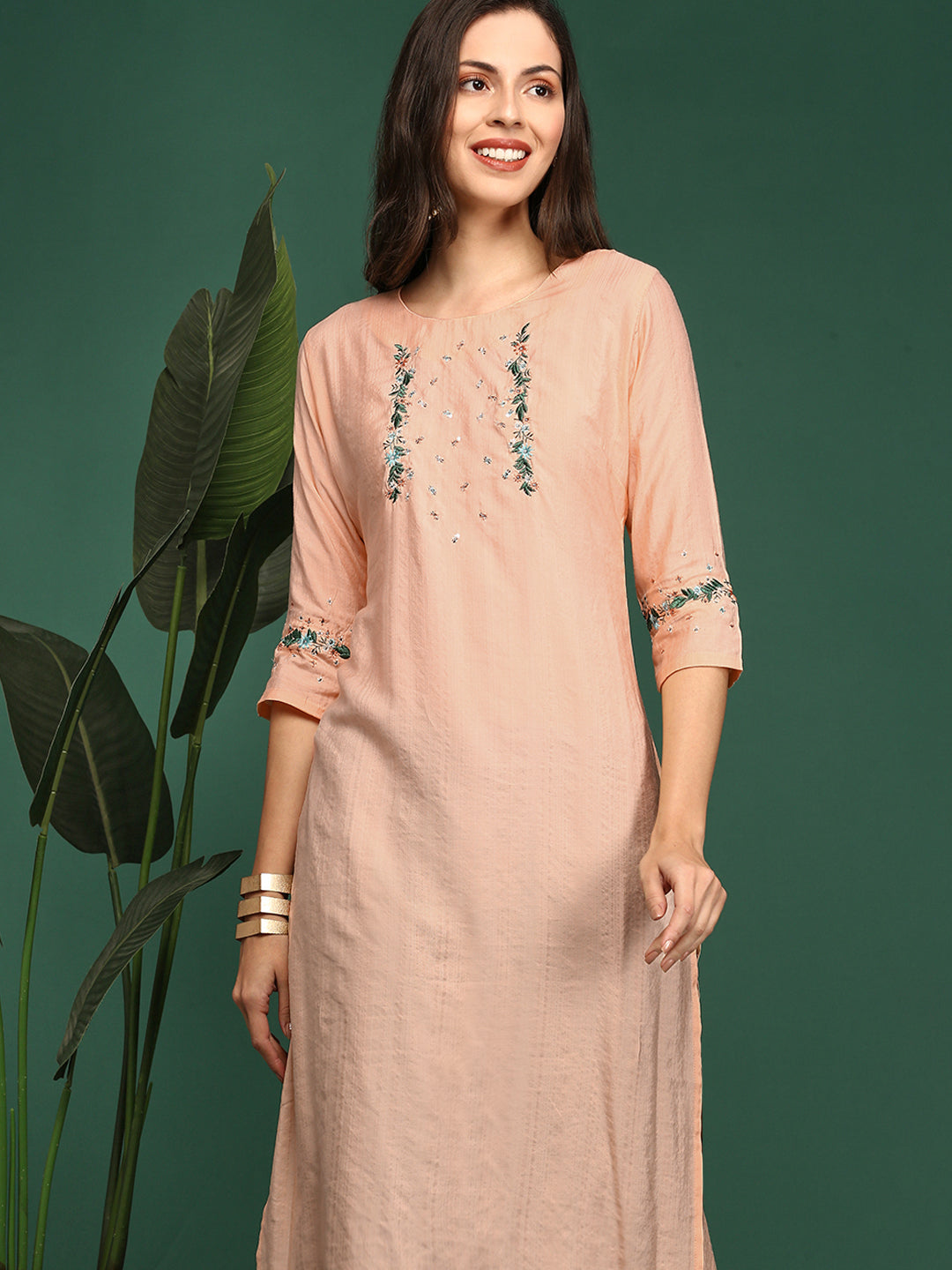 Women Straight Peach Solid Kurta