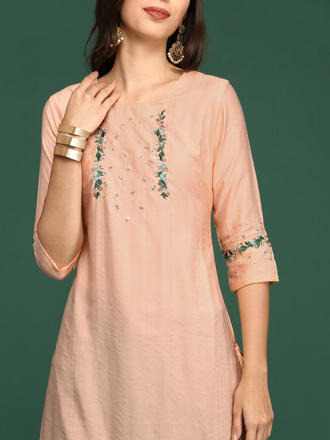 Women Straight Peach Solid Kurta