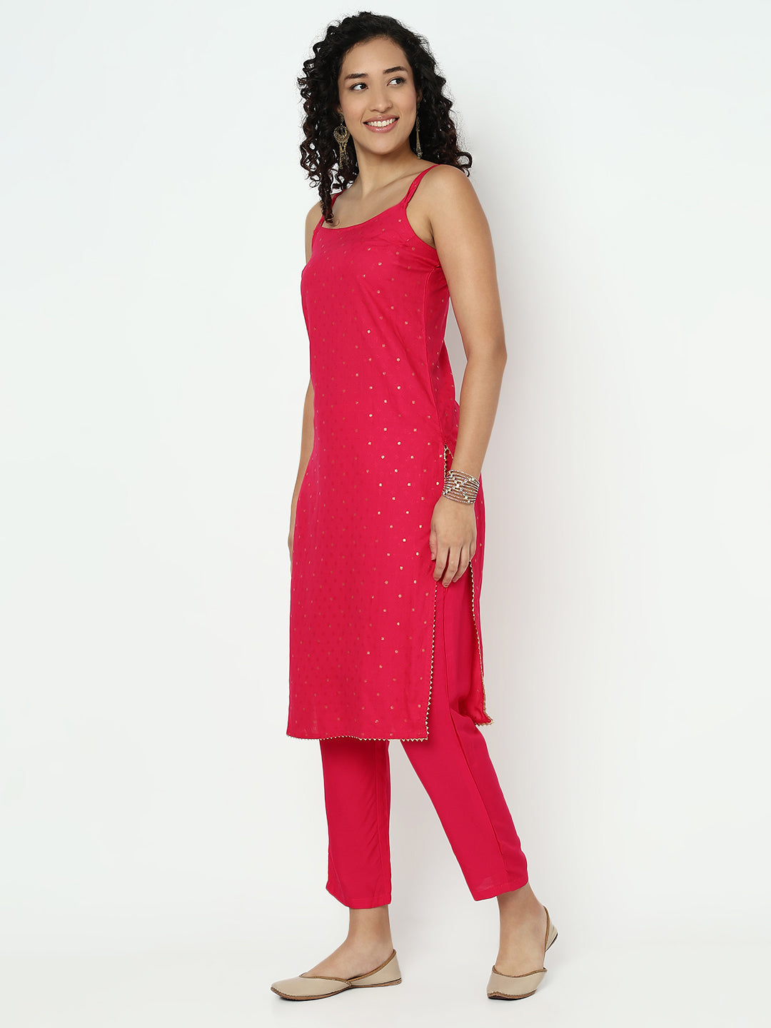 Women's Embroidered Pink Sleeveless Straight Kurta Set with Dupatta