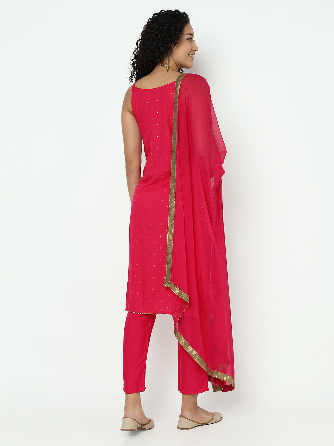 Women's Embroidered Pink Sleeveless Straight Kurta Set with Dupatta