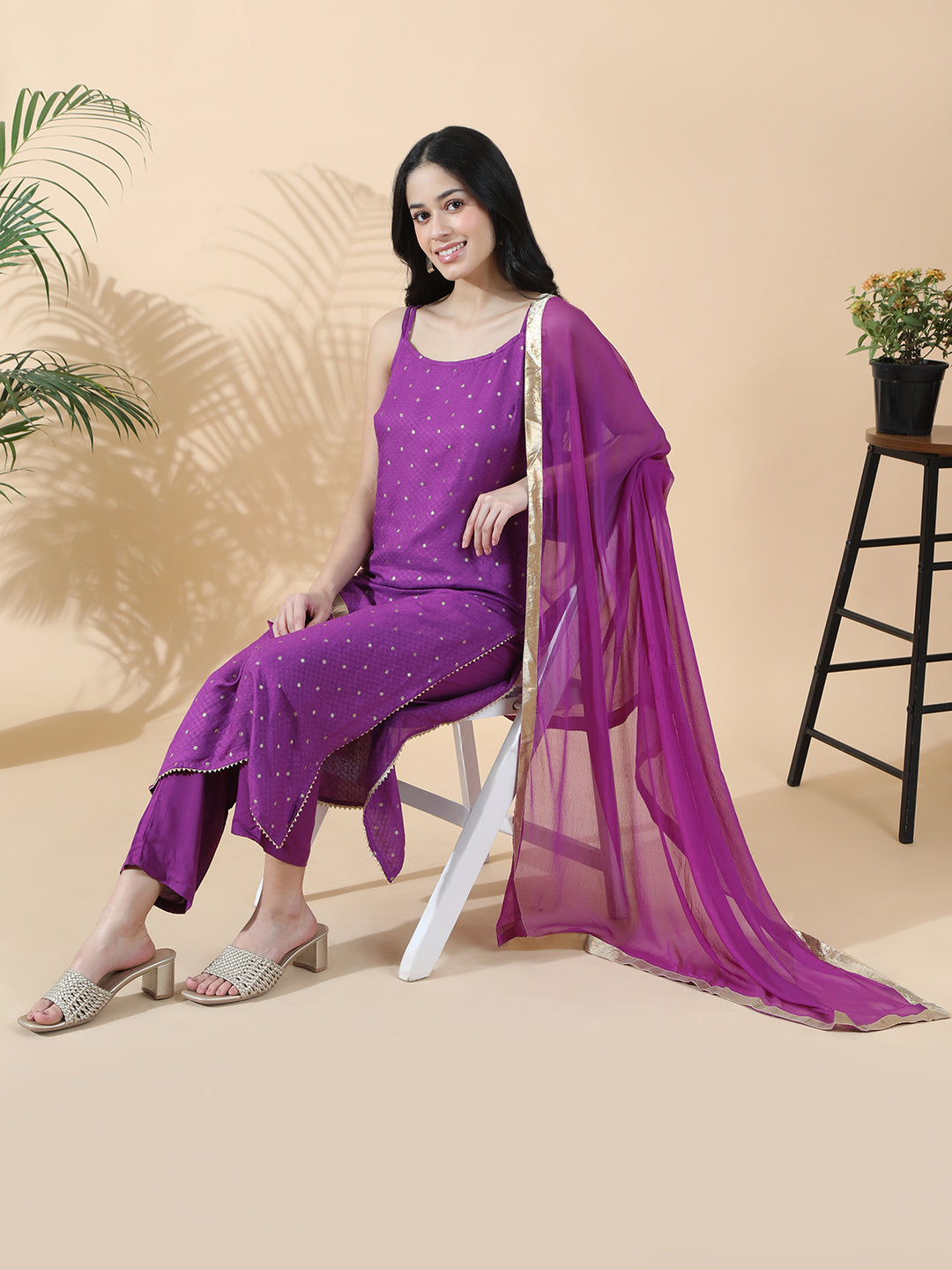 Women's Embroidered Purple Sleeveless Straight Kurta Set with Dupatta