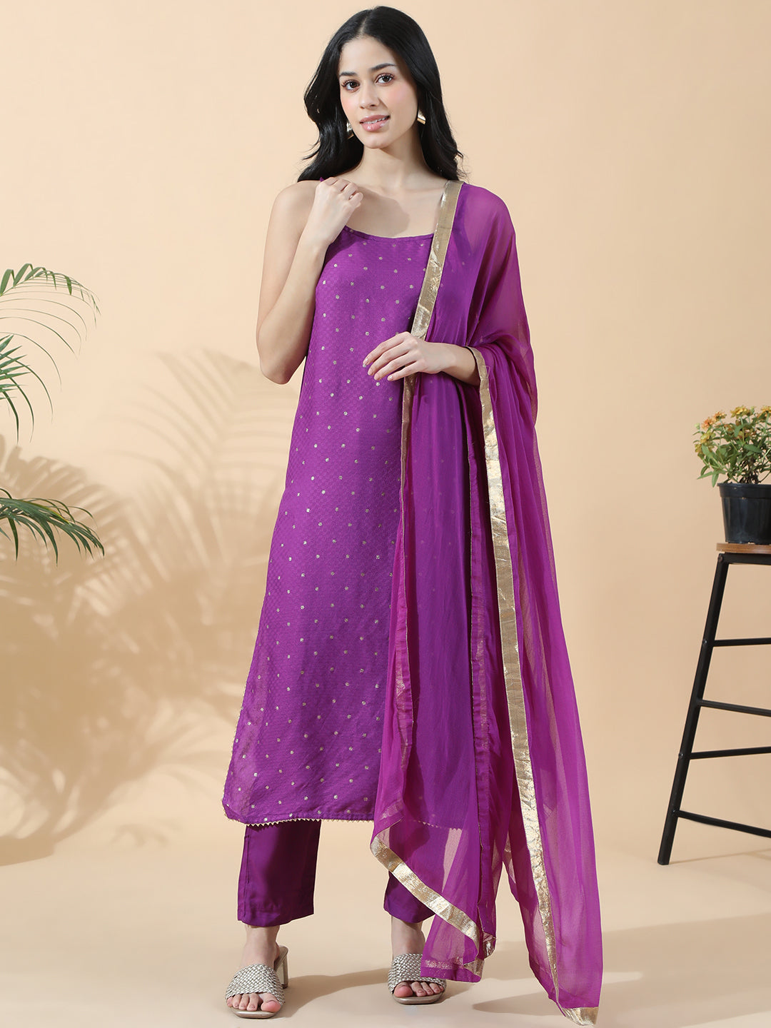Women's Embroidered Purple Sleeveless Straight Kurta Set with Dupatta