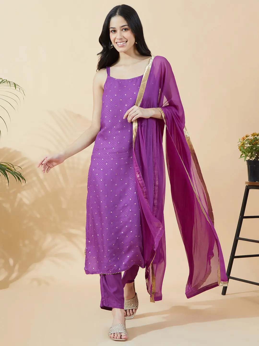 Women's Embroidered Purple Sleeveless Straight Kurta Set with Dupatta - from SHOWOFFFF