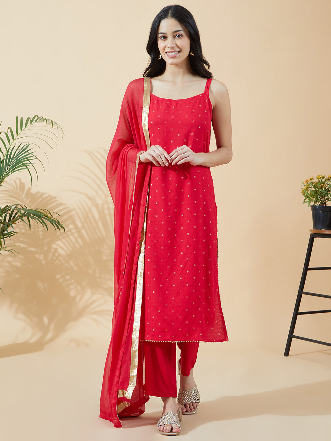 Women's Embroidered Red Sleeveless Straight Kurta Set with Dupatta