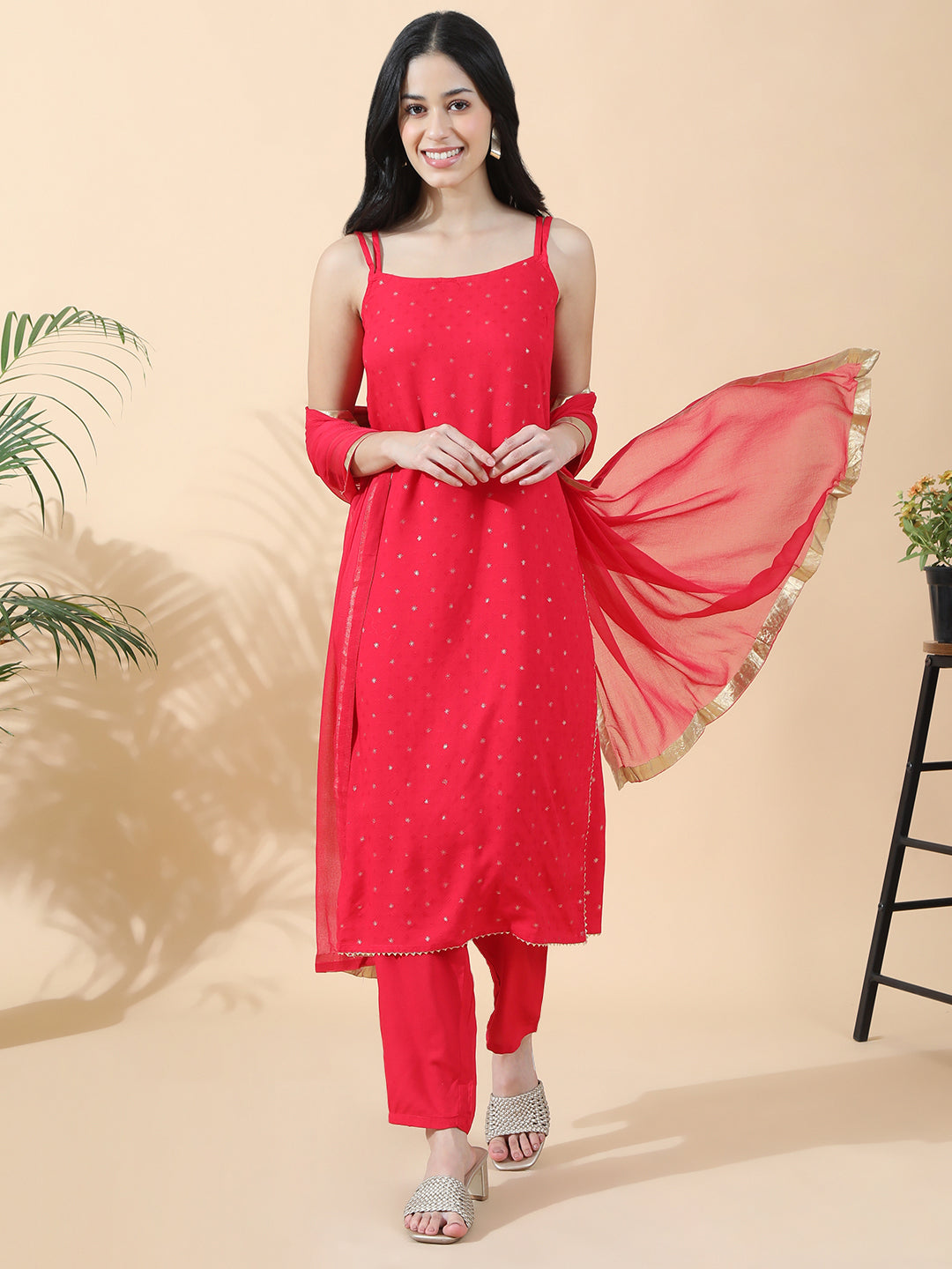 Women's Embroidered Red Sleeveless Straight Kurta Set with Dupatta