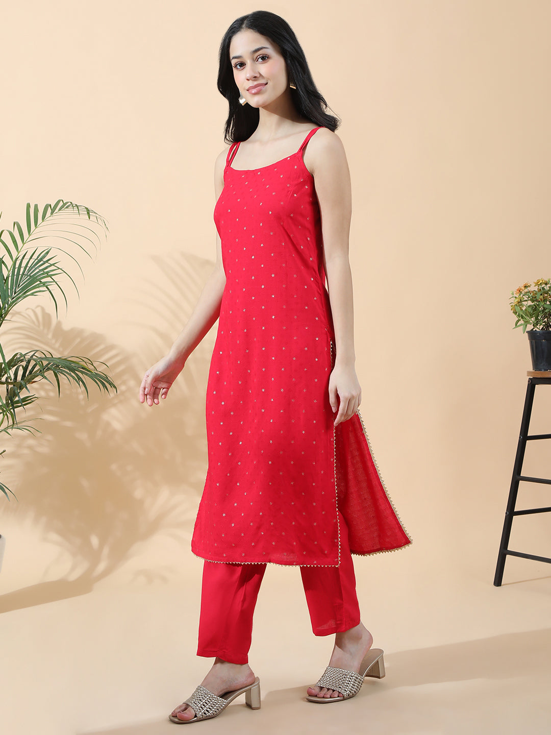 Women's Embroidered Red Sleeveless Straight Kurta Set with Dupatta