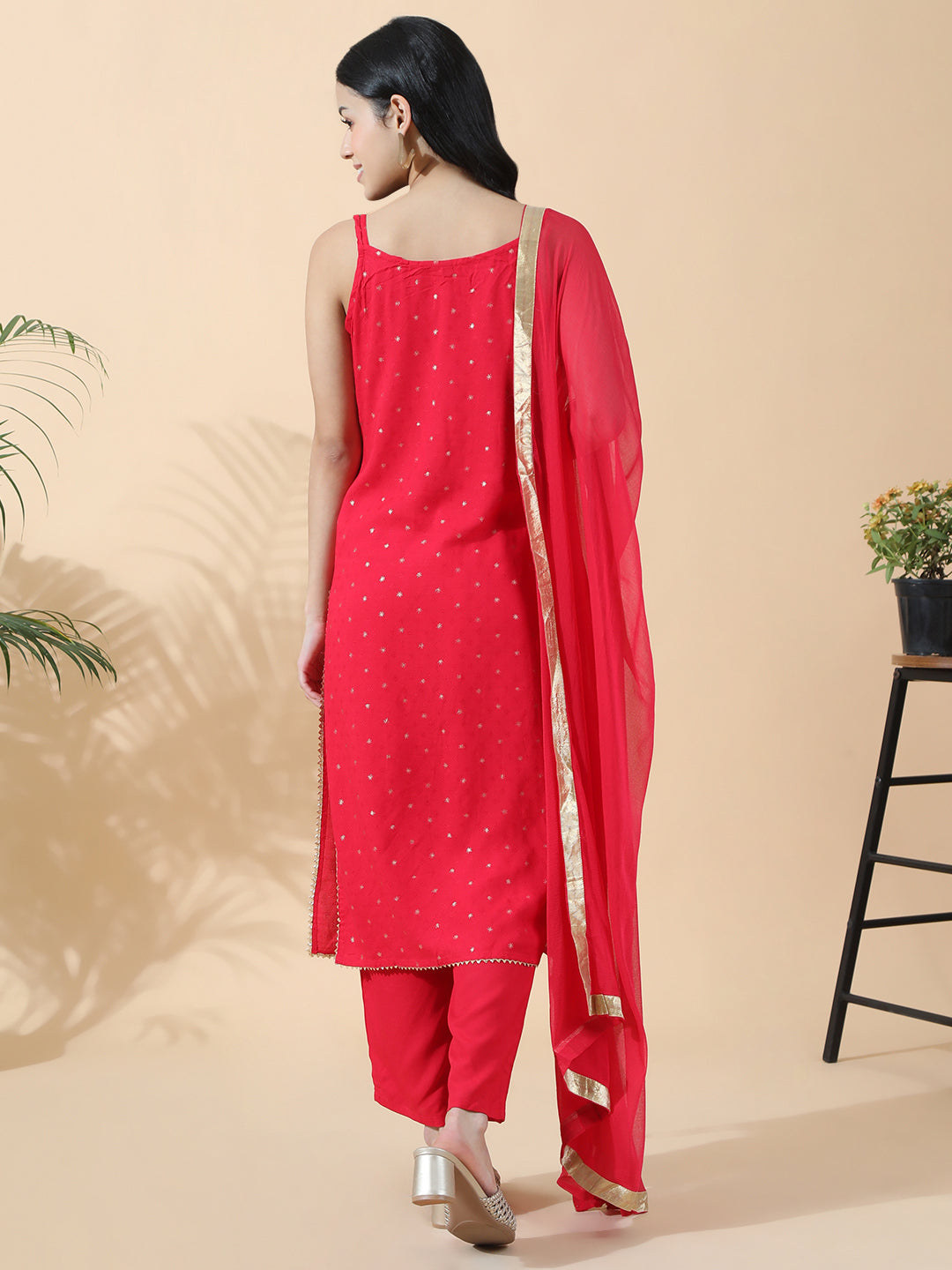 Women's Embroidered Red Sleeveless Straight Kurta Set with Dupatta