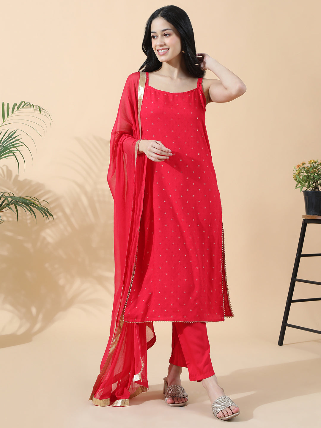Women's Embroidered Red Sleeveless Straight Kurta Set with Dupatta