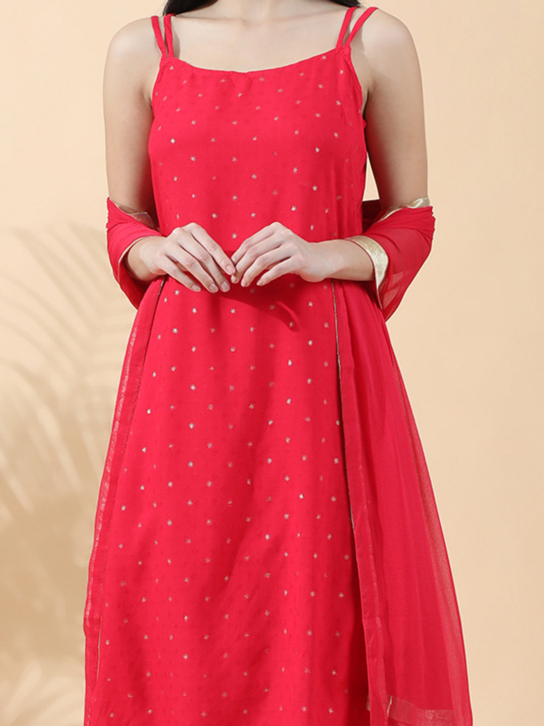 Women's Embroidered Red Sleeveless Straight Kurta Set with Dupatta